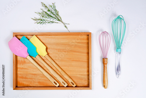 Baking pastel colour equipment on white background. Flat lay bakery text space images.