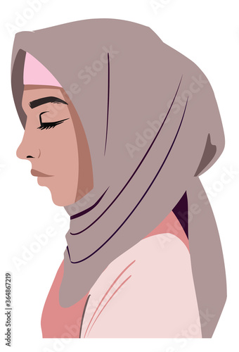 A  side-view portrait (profile) of a beautiful young, humble and serious Muslim woman with her eyes closed, wearing a hijab. Vector hand-drawn illustration, isolated on white background. 