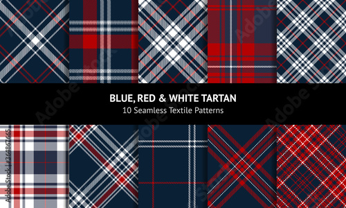 Blue red white plaid set. Seamless textured tartan decorative check plaid for flannel shirt, skirt, duvet cover, throw, tablecloth, or other modern autumn winter backdrop design.