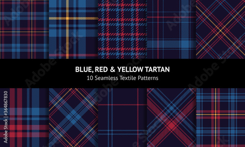Tartan plaid set. Blue, red, yellow dark textured decorative check plaid for flannel shirt, blanket, jacket, dress, coat, trousers, or other modern autumn winter trendy fashion textile print.
