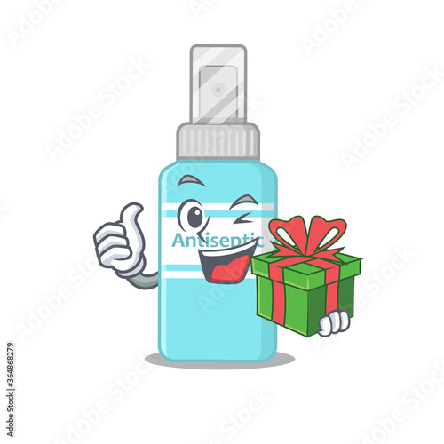 Antiseptic cartoon character concept with a big gift box