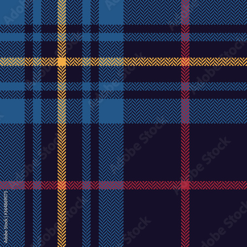 Tartan plaid pattern in blue, red, yellow. Seamless herringbone textured dark check plaid for flannel shirt, duvet cover, tablecloth, rug, or other autumn winter decorative textile print.