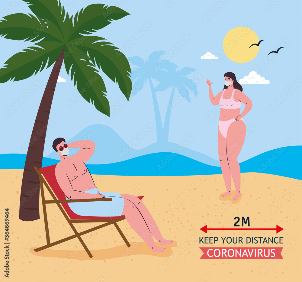 Social distancing between boy and girl with medical masks at the beach design, Summer vacation tropical and covid 19 virus theme Vector illustration