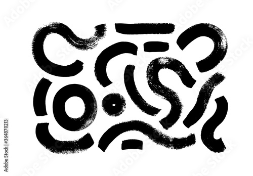 Black paint brush strokes vector collection. Hand drawn curved and wavy lines with grunge circles. Chaotic ink brush scribbles decorative set. Messy doodles, bold curvy lines illustration.