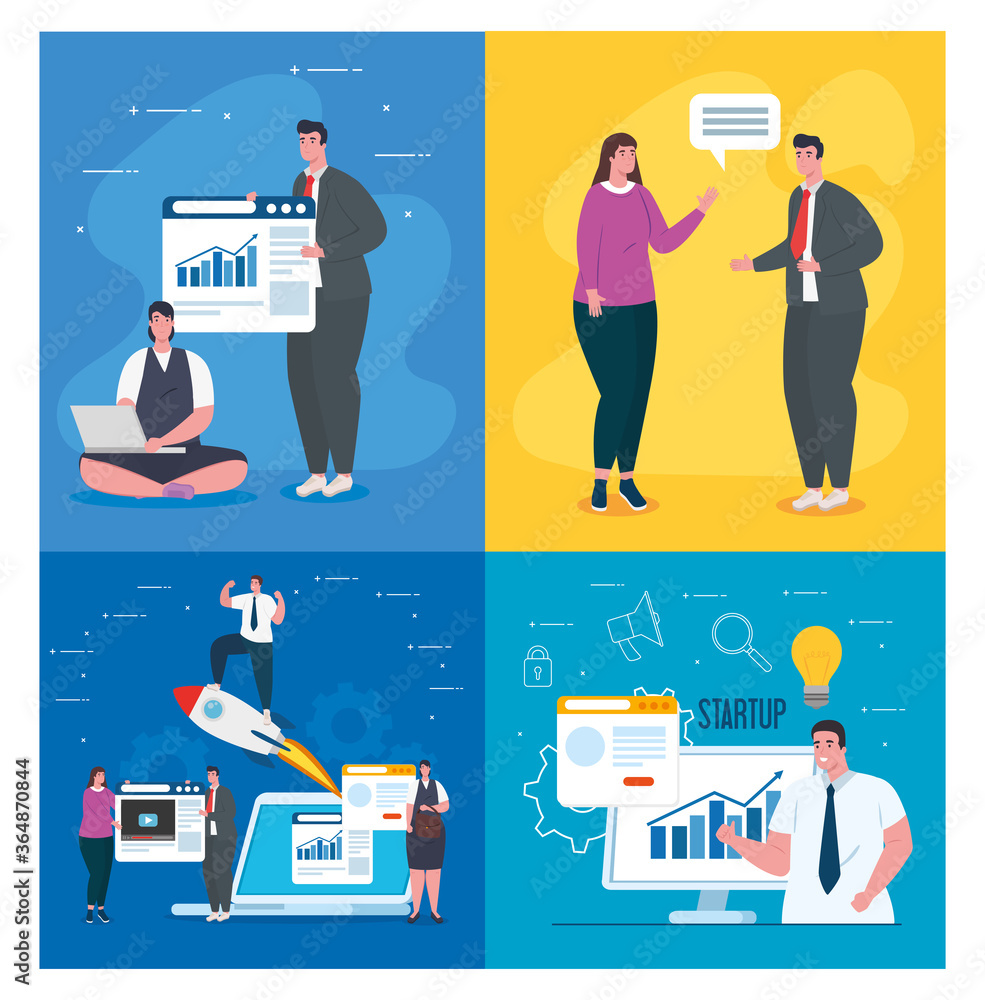 businesspeople with rocket websites computer and laptop design, Start up plan idea strategy and marketing theme Vector illustration