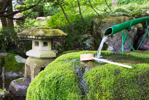 Spring water at Hatoya Hachiman shrine in Shirakawago, Gifu, Japan. a famous historic site. photo