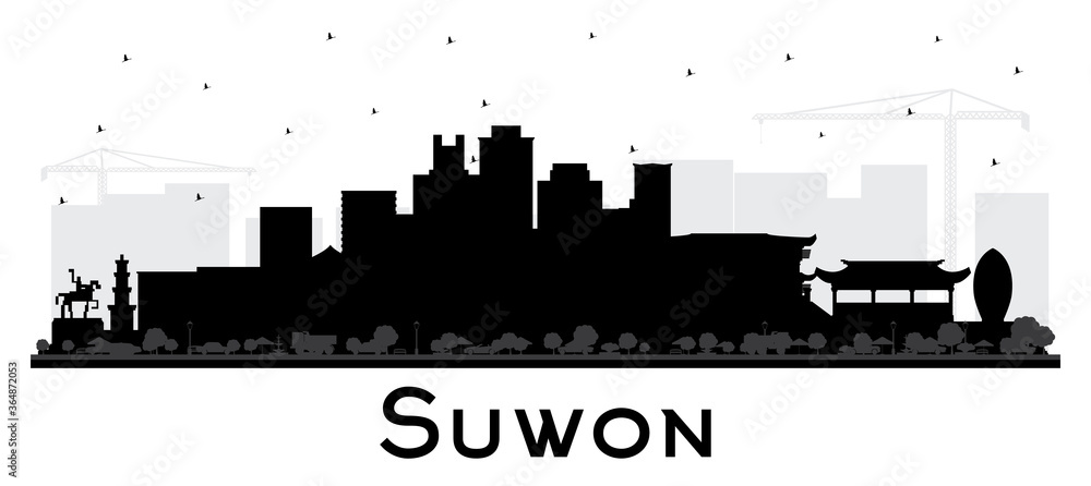 Suwon South Korea City Skyline Silhouette with Black Buildings Isolated on White.