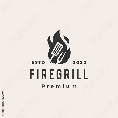 fire flame grill spatula fork hipster vintage logo vector icon illustration