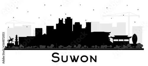 Suwon South Korea City Skyline Silhouette with Black Buildings Isolated on White.