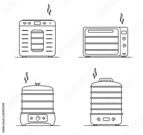 Electric food dehydrator. Collection icons of dryer machines. Healthy diet concept. Flat vector illustration.