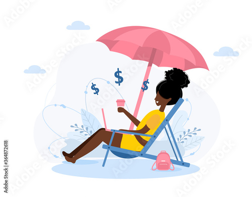 Women freelance. African girl with laptop sitting in sun lounger under an sunshades. Concept illustration for studying, education, working outdoors, healthy lifestyle. Vector in flat style.