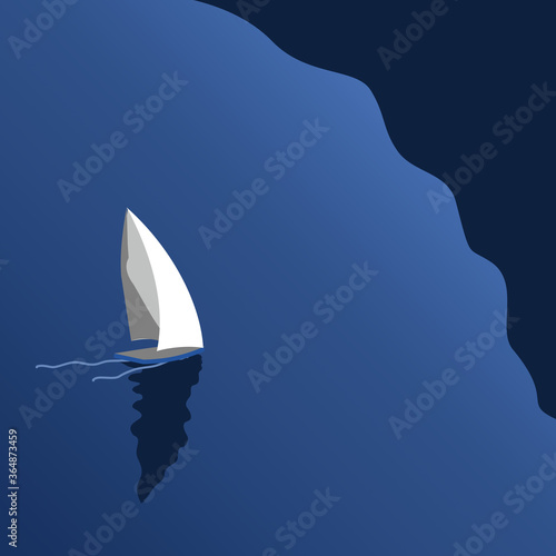 Yacht in the blue shining sea. Vector illustration.