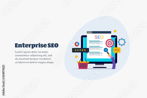 Enterprise seo solution, digital marketing campaign for large scale company, focusing on seo strategy to retain and attracting customers, keyword ranking and inbound marketing concept. Web banner.