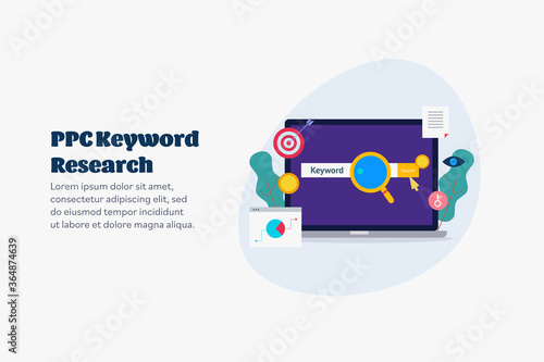 keyword research program for ppc campaign success. Find right keyword for ppc advertising and seo optimization, Competitor keyword research software. Business and communication concept. Web banner.