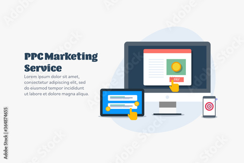PPC marketing service, search engine marketing, hand clicking on digital advertisement, smart ads for customer targeting, Paid media ads and marketing concept. Web banner template.