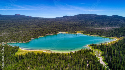 Aerial view of Little Lava Lake and Mount Bachelor near Bend, Oregon.
