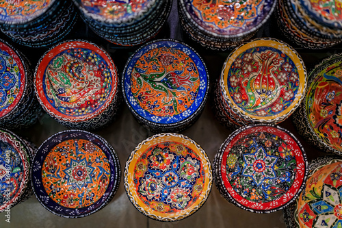Montenegrin hand painted decorative plates with a floral pattern in at a souvenir shop in Kotor old town in Montenegro