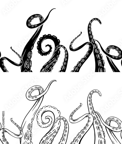 Set of seamless border of black silhouette and hand drawn sketches octopus tentacles. Creepy limbs of marine inhabitants. Vector object for frames, cards and your design.