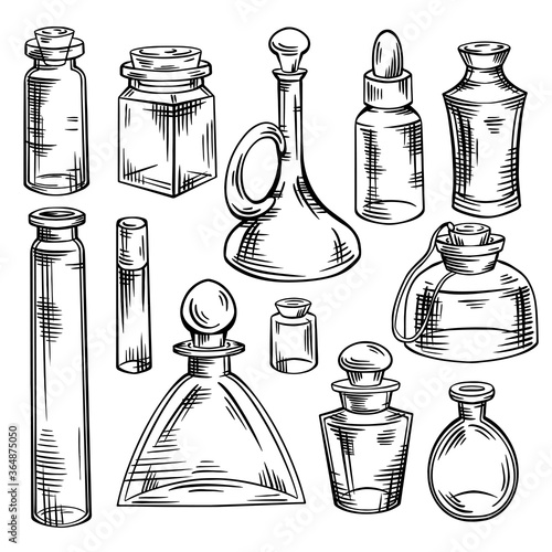 Contour sketch of bottles, flasks and jars with hatching. Containers for perfumes and medicines. Natural medicine. Potions and Alchemy. Vector engraving object for recipes, banners and your design.