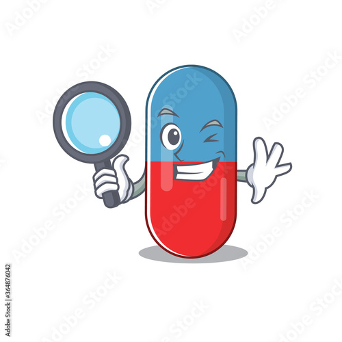cartoon mascot design of pills drug super Detective breaking the case using tools