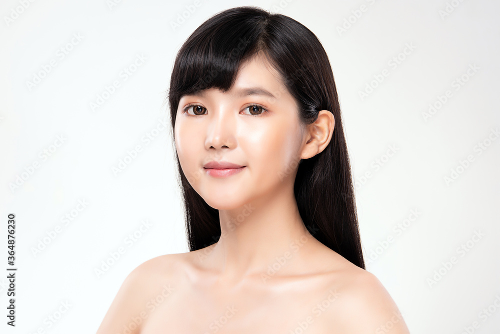 Beautiful smiling young asian woman with clean skin, natural make-up, and white teeth on white background, Beautiful smiling young asian woman with clean skin, natural make-up, and white teeth on white background,