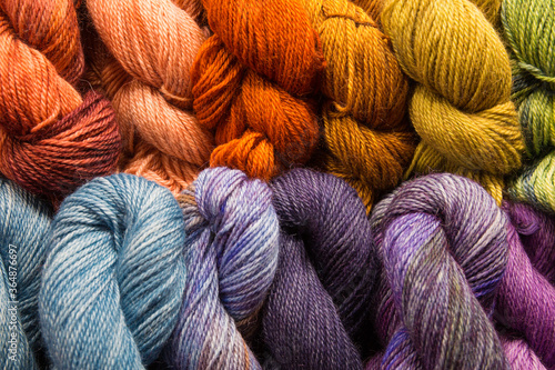 Colorful, hand dyed wool yarn for sale at a local farmers market in Seattle, WA Fototapeta
