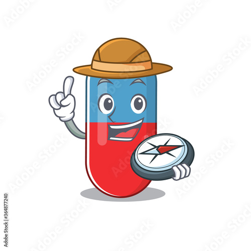 Pills drug mascot design style of explorer using a compass during the journey