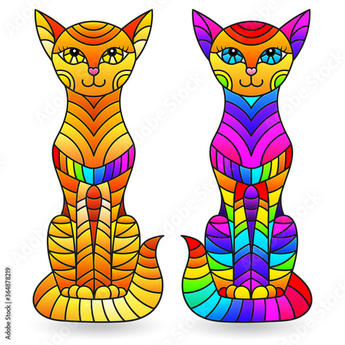 Set of stained glass elements with rainbow cats , isolated images on white background
