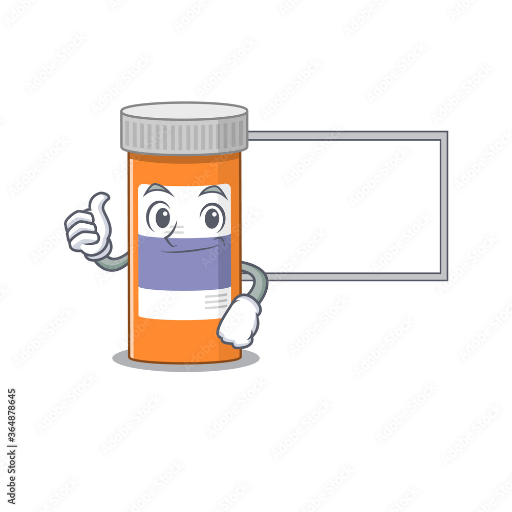 Pills drug bottle Caricature character design style with a white board