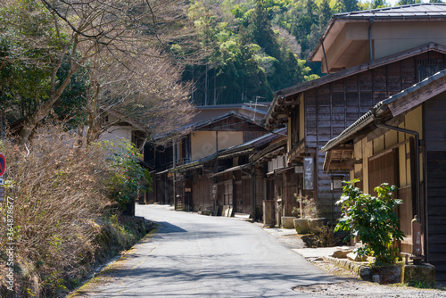 Tsumago-juku in Nagiso, Nagano, Japan. Tsumago-juku was a historic post town of famous Nakasendo trail between Edo (Tokyo) and Kyoto. photo