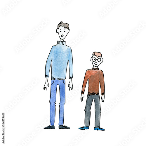Tall and short men. Watercolor illustration isolated on white.