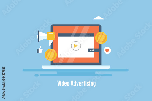 Online video, video advertising on web, video content marketing on social networking sites. Investing money on online video advertising campaign. Web banner template.
