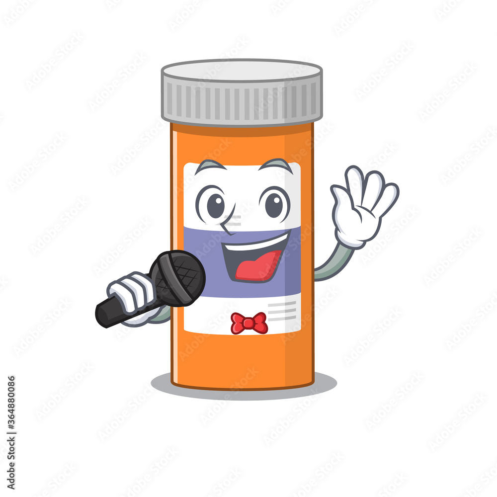 caricature character of pills drug bottle happy singing with a microphone
