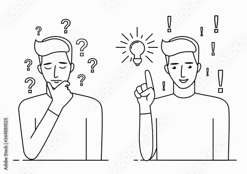 Problem solving concept. A man thinks about a problem and finds a solution. A question mark and a light bulb are symbols of this process. Line art vector illustration isolated on white background.