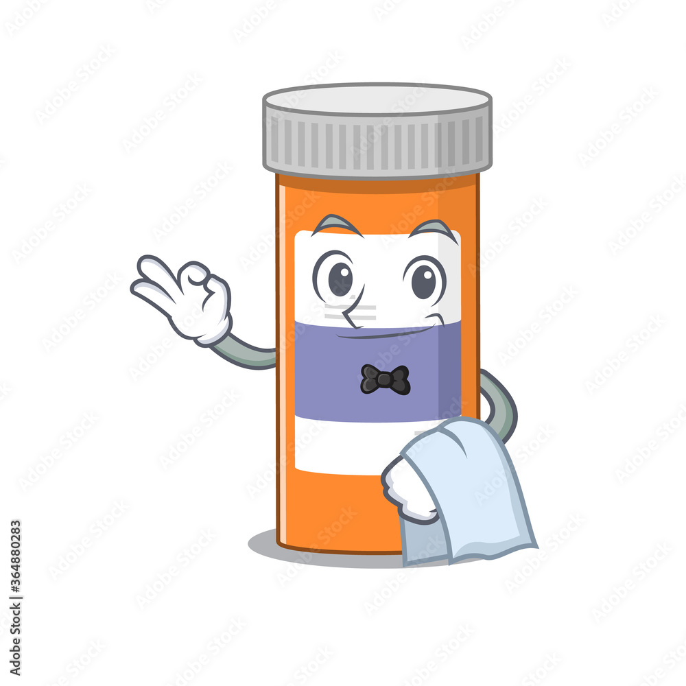 A Caricature design style of pills drug bottle as a waiter with a white napkin A Caricature design style of pills drug bottle as a waiter with a white napkin