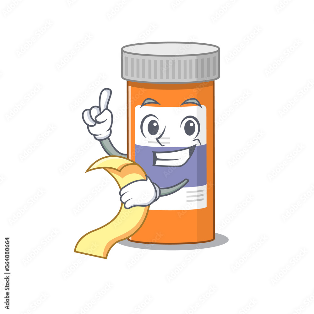 Pills drug bottle mascot character style with food and beverage menu on his hand