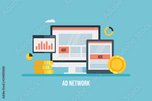 Ad network. Digital advertising, social media ads, targeting online audience with online advertising strategy, business, communication and marketing technology, digital ad networking concept.