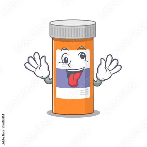 A mascot design of pills drug bottle having a funny crazy face