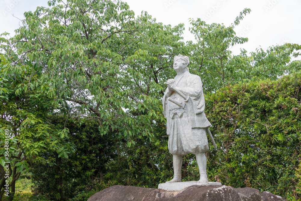 Amakusa Shiro Statue at Ruins of Hara castle in Shimabara, Nagasaki, Japan. He was led the Shimabara Rebellion(1637-38), an uprising of Roman Catholics against the Shogunate.