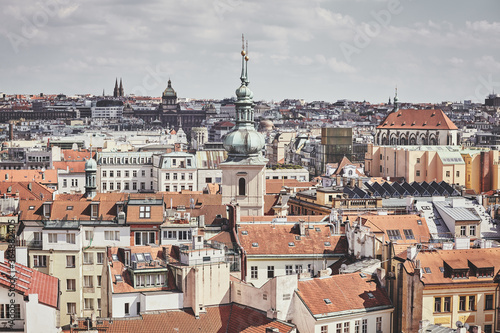 Retro toned picture of Prague cityscape, Czech Republic.