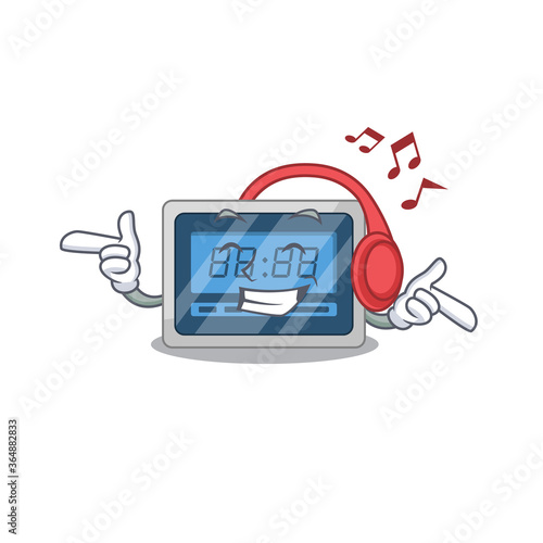 Digital timer Cartoon design concept listening music on headphone