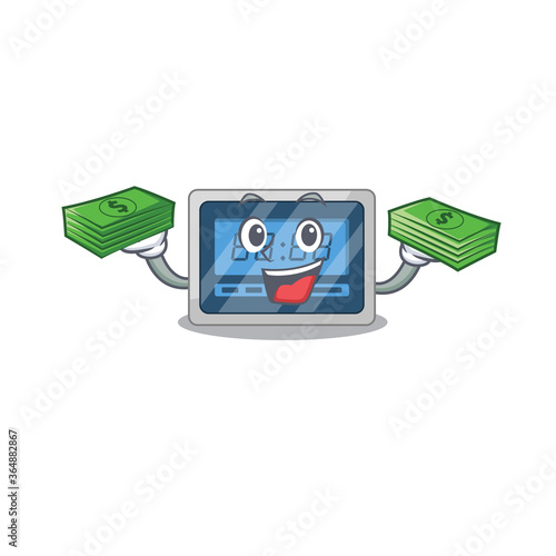 A wealthy digital timer cartoon character with much money