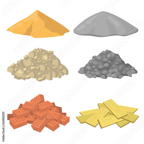 Various construction material piles flat icon set. Crushed stones, gypsum, sand, bricks and wooden planks vector illustration collection. Masonry and building concept