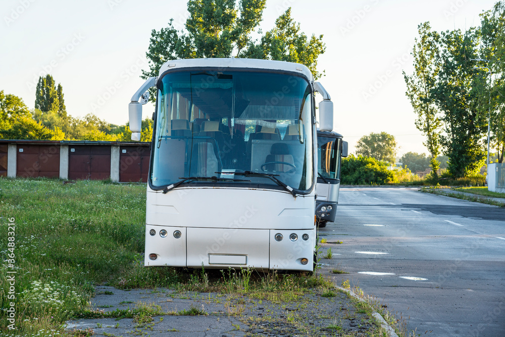 Parked bus during coronavirus crisis. Unemployment concept