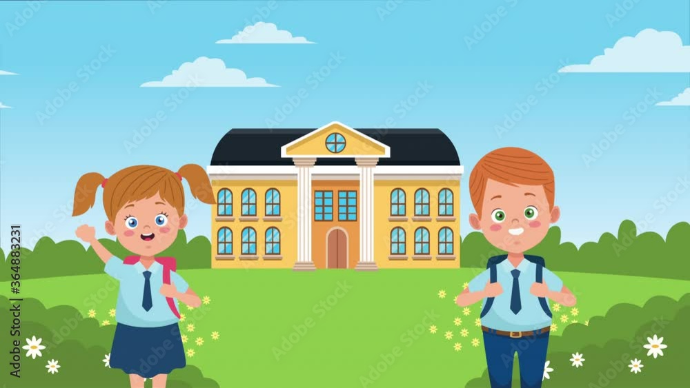 back to school season with school building and little students couple back to school season with school building and little students couple