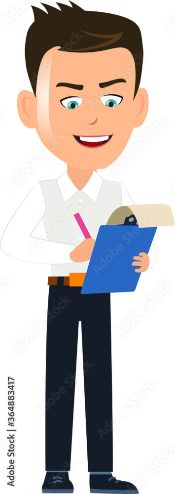 amazing vector artwork of a Happy businessman salesman manager person standing writing something on a notepad task list paper amazing vector artwork of a Happy businessman salesman manager person standing writing something on a notepad task list paper