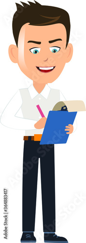 amazing vector artwork of a Happy businessman salesman manager person standing writing something on a notepad task list paper