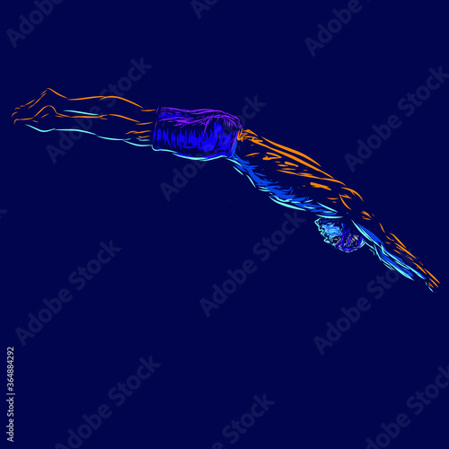 Man swimming line pop art potrait logo colorful design with dark background. Abstract swimmer vector illustration. Isolated black background for t-shirt, poster, clothing, merch, apparel, badge design