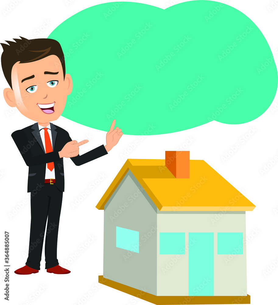 Business man indicating on a speech bubble talking briefing discussing presenting house in front real estate business Business man indicating on a speech bubble talking briefing discussing presenting house in front real estate business