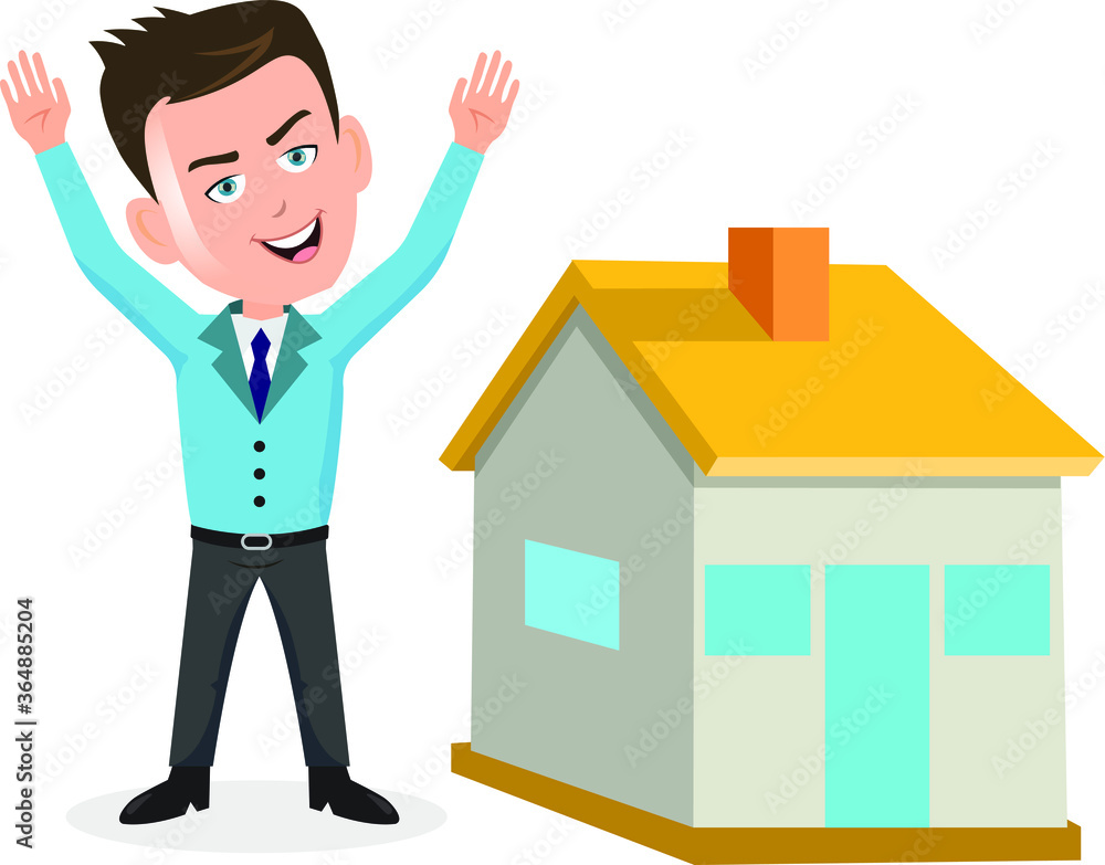Businessman agent salesman raised hands up in front of a house home real estate Businessman agent salesman raised hands up in front of a house home real estate
